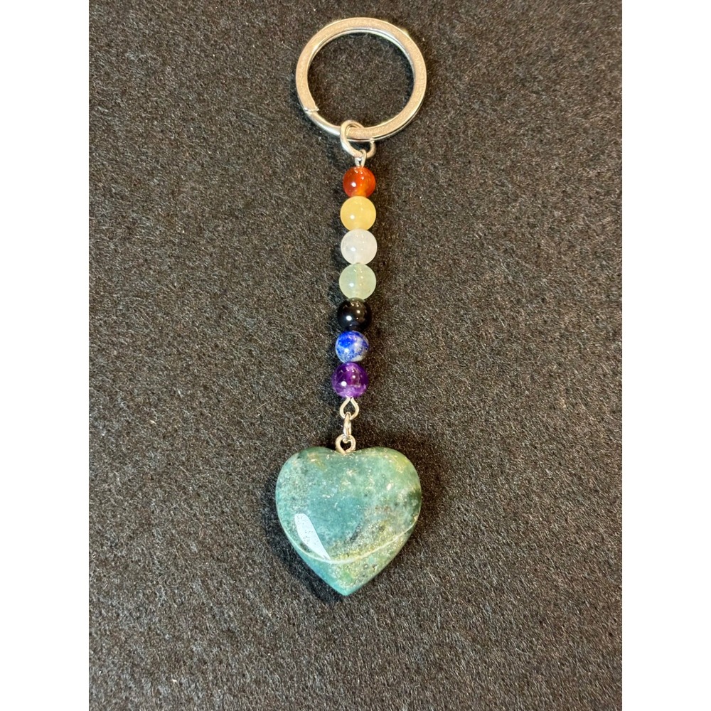 Chakra Gemstone Keychain Rainbow Beads Green Moss Agate Heart Healing Stone